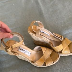 Jimmy Choo Tan Wedge Sandals with Ankle Buckle